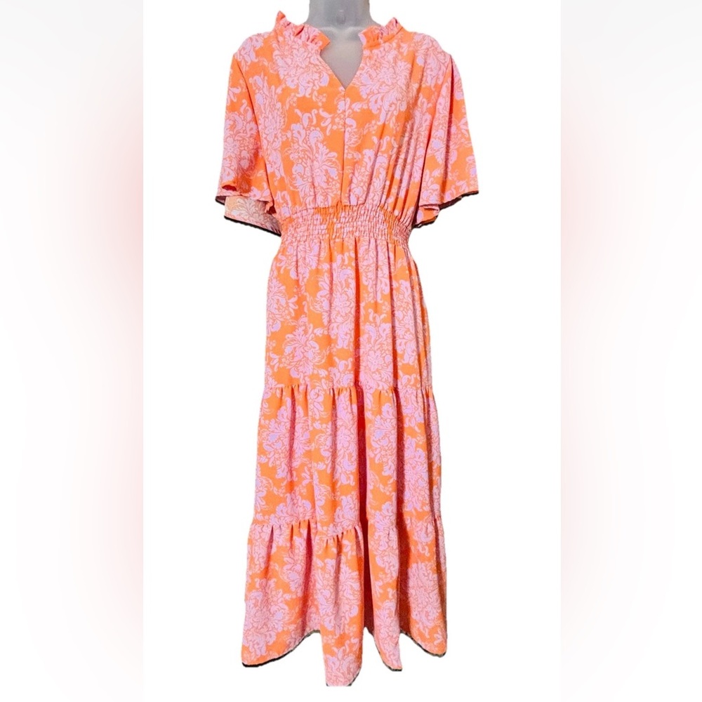 Haptics Womens 1X Tiered Maxi Dress Boho Print Orange Lavender Flutter Sleeve - Picture 9 of 9